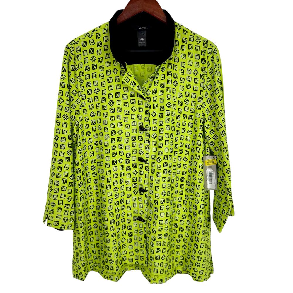 NEW NWT Ali Miles Large Neon Green Wearable Art Abstract Artsy Blouse Shirt Top